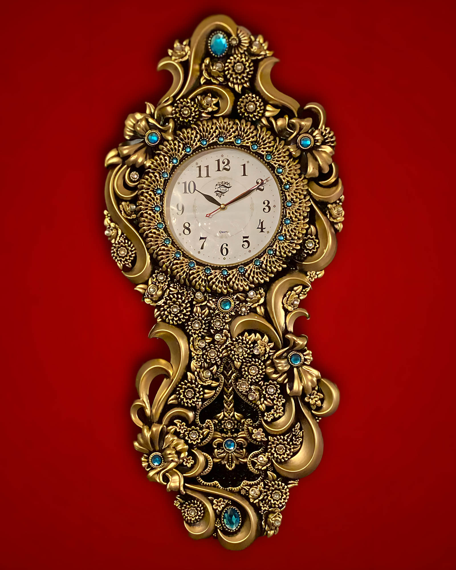 Black-Gold, Turquoise Stone, Flower Motif Wall Clock