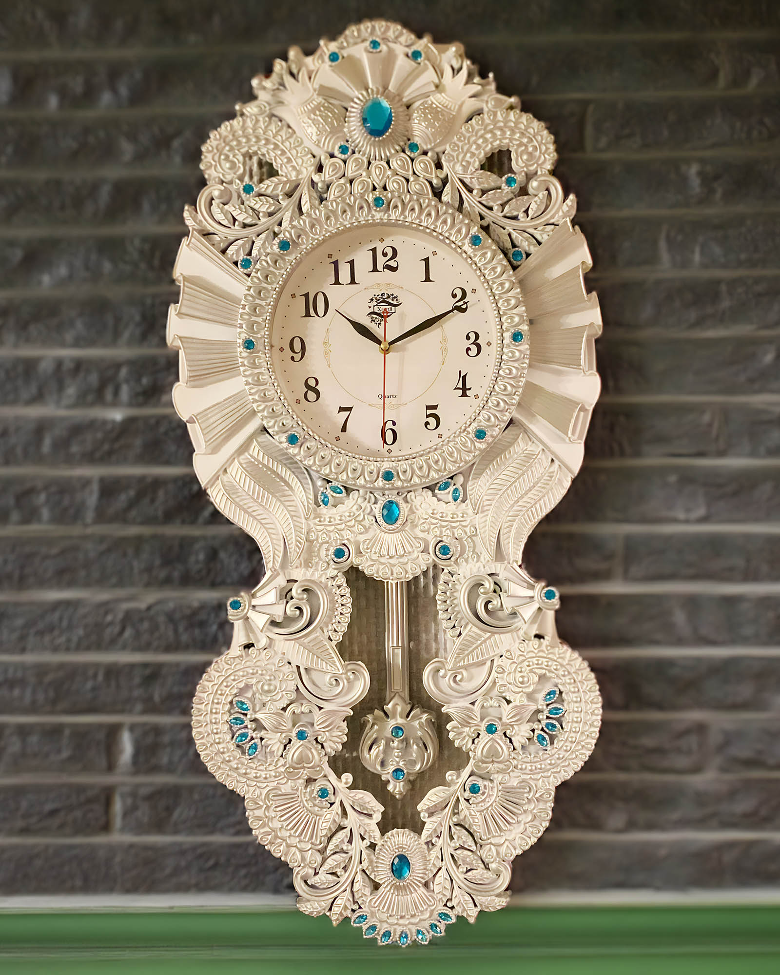 White Wall Clock with Turquoise Stone