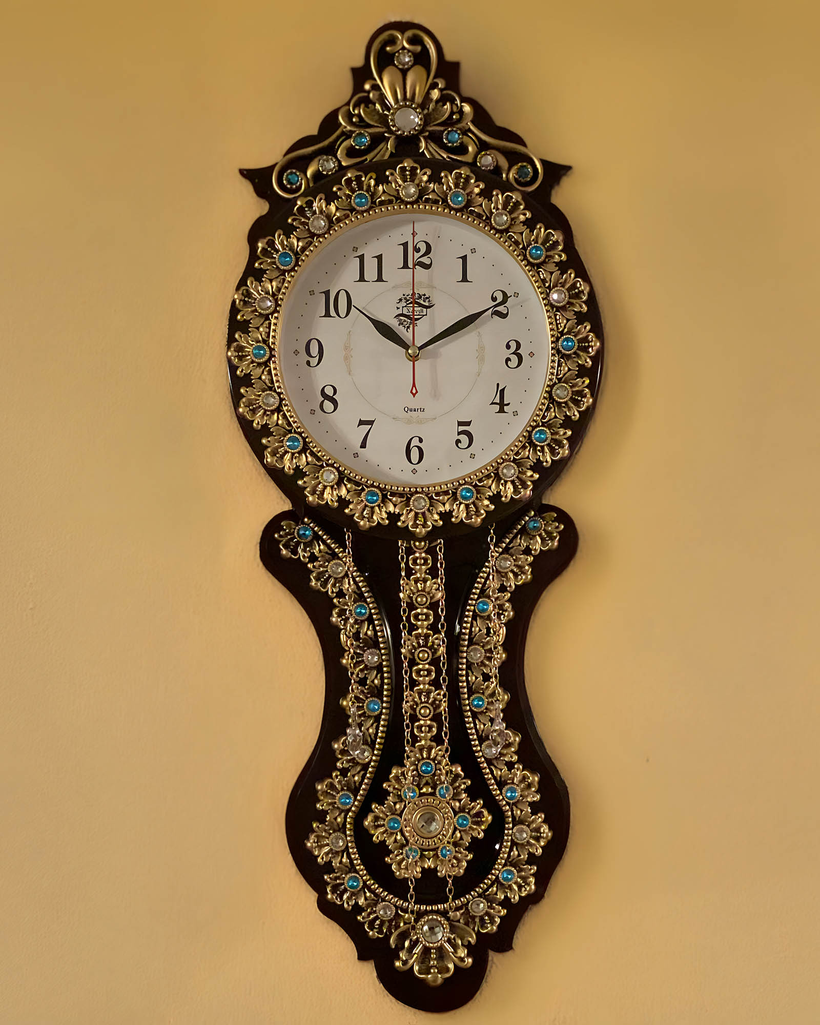 Turquoise Stone and Chain Detailed, Black-Gold Wall Clock