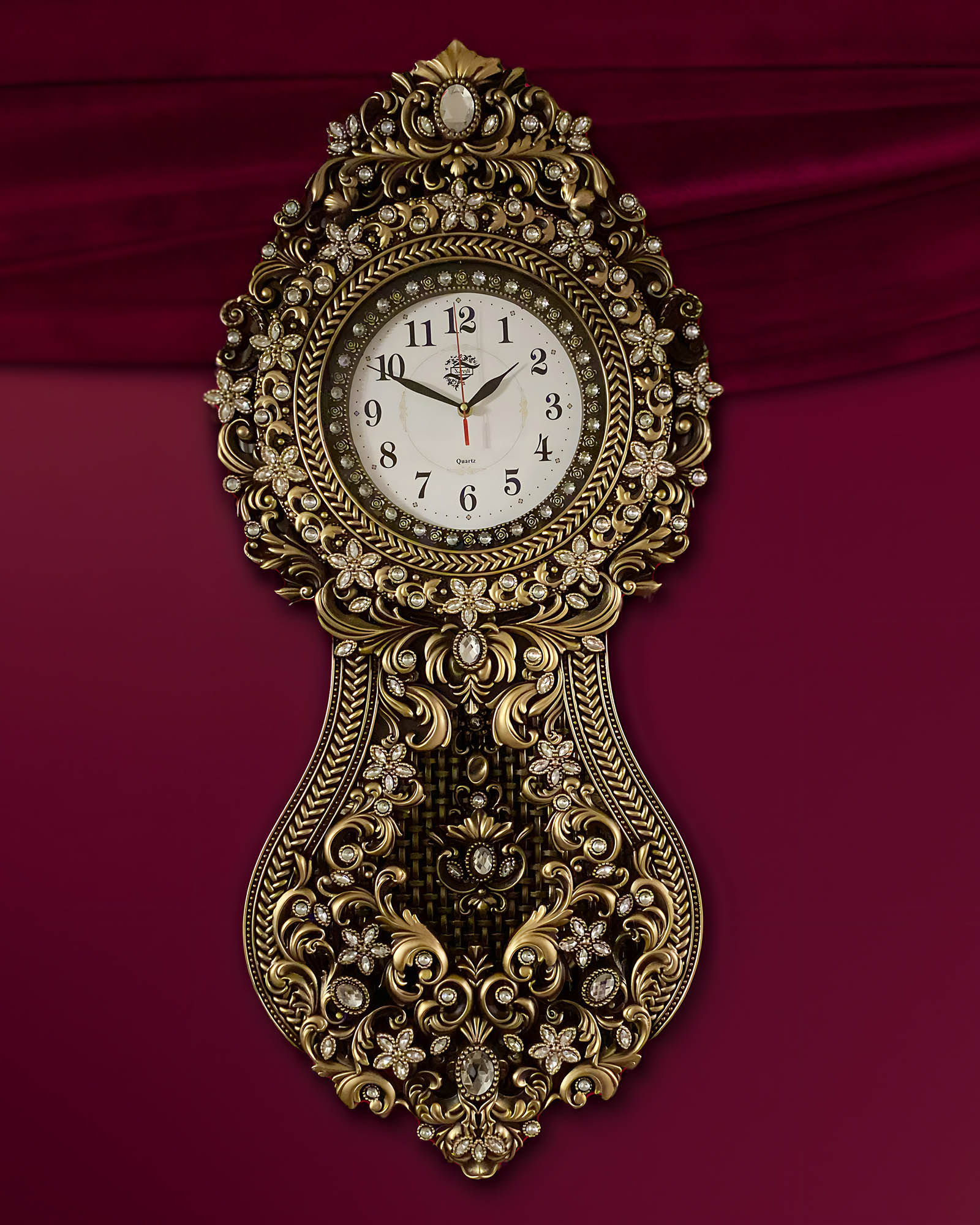 Vintage, Gold-Black Wall Clock with Flower Motif and Matching Stones